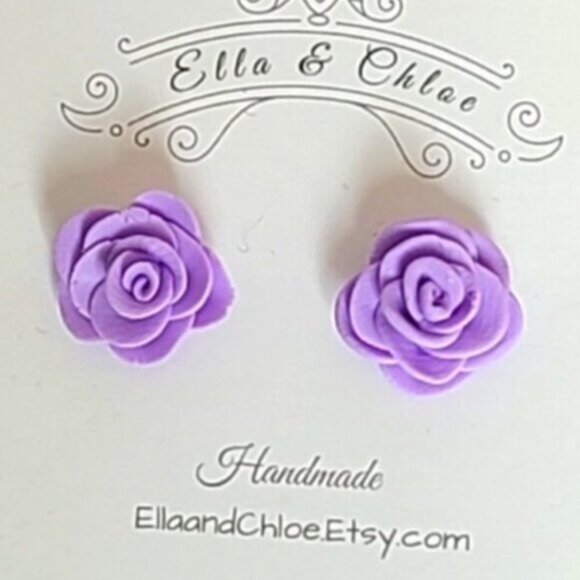 Adorable Purple Lavender Clay Mini Rose Flower Floral Stud Earrings - Picture 1 of 3